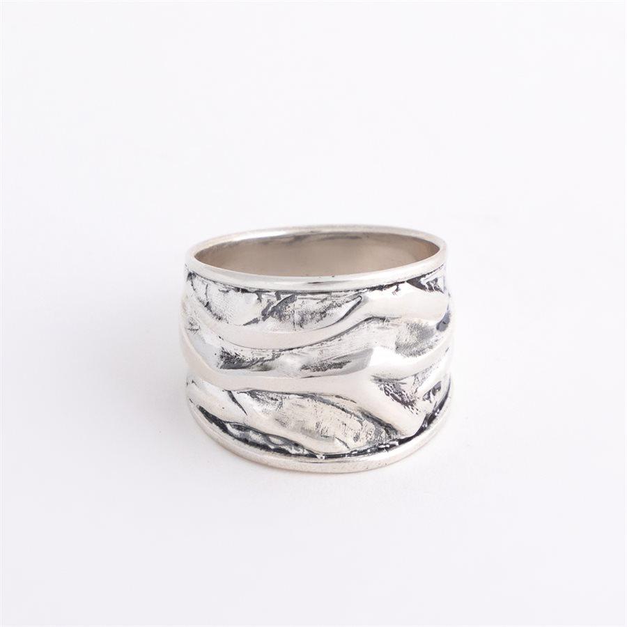 Bague Argent Massif Ancienne - Bandeau Plissé Vintage Taille 53 - Occasion En Bon état