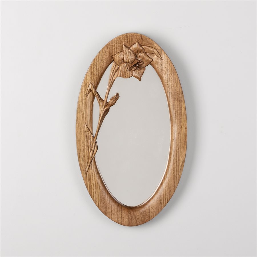Oval carved wooden mirror, flower design