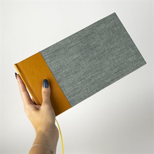 Elongated drawing book in mustard leatherette and denim