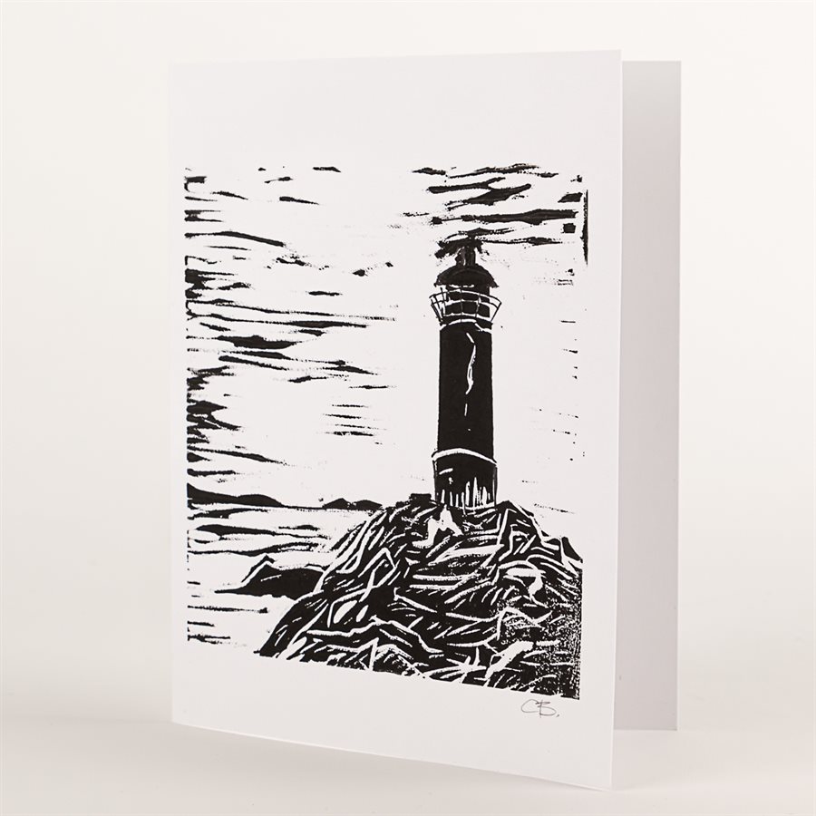 Carte de souhaits imprimée à la main, modèle Pilier de pierre de Saint-Jean-Port-Joli, blanc et noir Carte de souhaits imprimée à la main, modèle Pilier de pierre de Saint-Jean-Port-Joli, blanc et noir