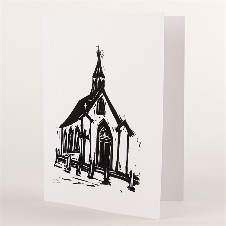 Carte de souhaits imprimée à la main, modèle Chapelle de procession, blanc et noir Carte de souhaits imprimée à la main, modèle Chapelle de procession, blanc et noir