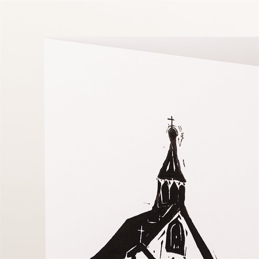 Carte de souhaits imprimée à la main, modèle Chapelle de procession, blanc et noir Carte de souhaits imprimée à la main, modèle Chapelle de procession, blanc et noir