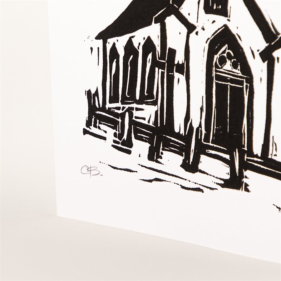 Carte de souhaits imprimée à la main, modèle Chapelle de procession, blanc et noir Carte de souhaits imprimée à la main, modèle Chapelle de procession, blanc et noir