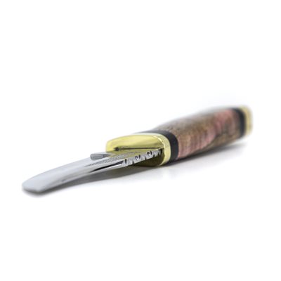 Couteau en érable coti stabilisé teinté rose et bois d'ébène Couteau en érable coti stabilisé teinté rose et bois d'ébène