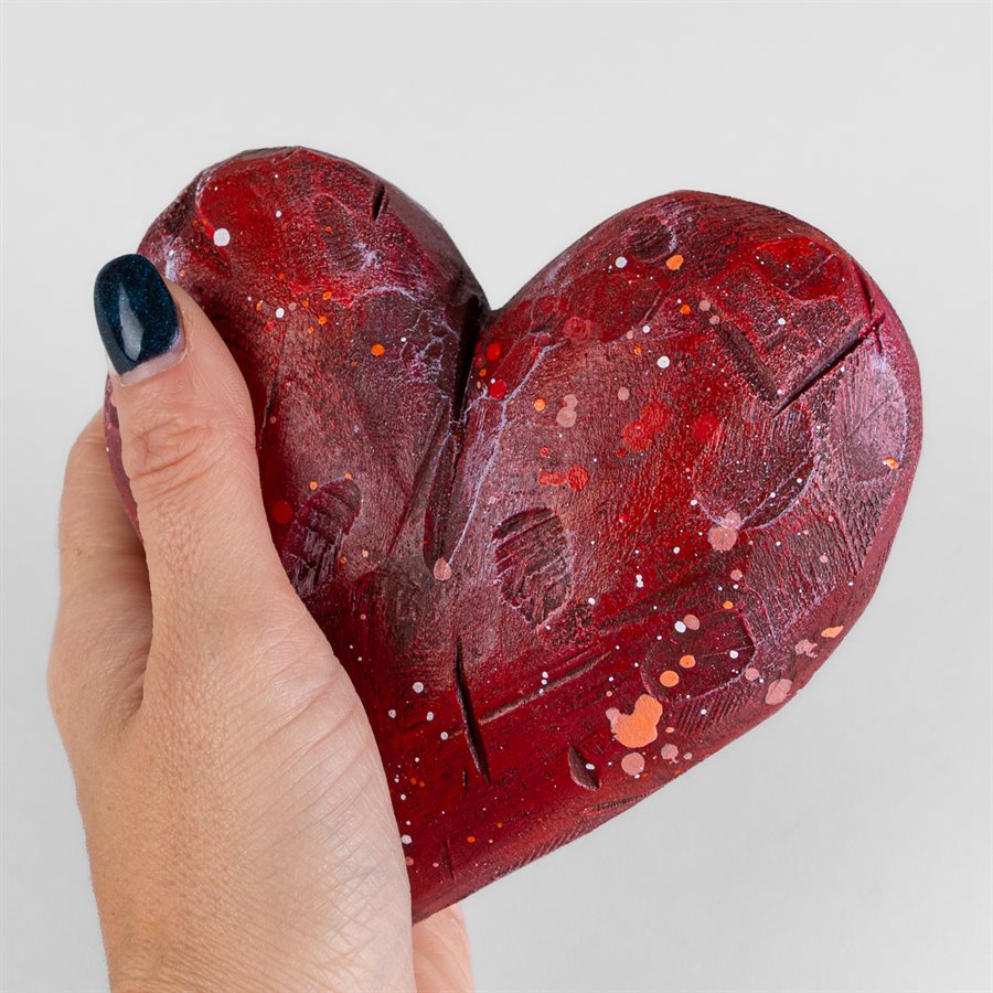 Heart to Hold – Tactile Gypsum Polymer Sculpture – Deep Red