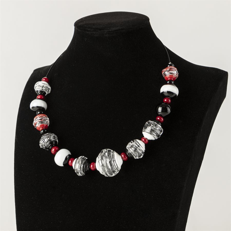 Collier en bille de verre blanc, noir et rouge Collier en bille de verre blanc, noir et rouge