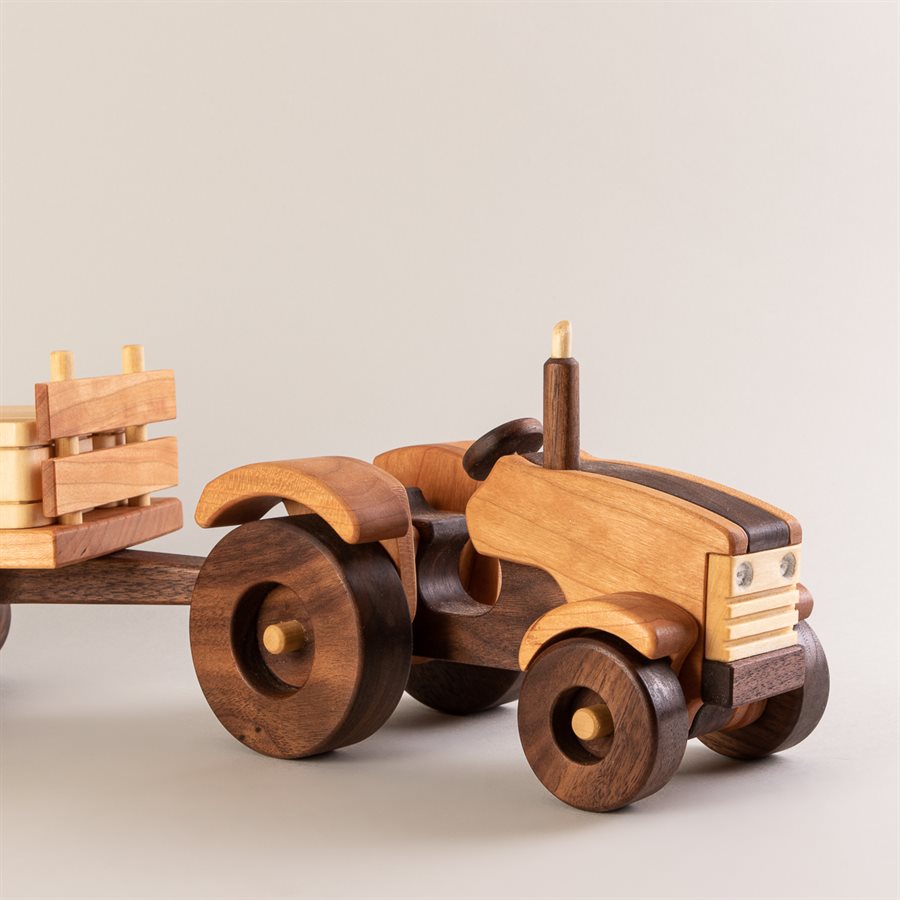 Jouet Mécanique Tracteur Avec Remorque En Tôle - Années Vintage, Jaune Et Rouge - Occasion