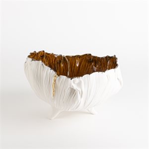 Poppy Bowl on Feet, White and Amber with Kintsugi
