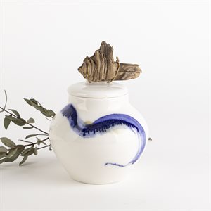 Small Jar, White, Blue, and Glossy Yellow with Driftwood