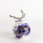 Petite jarre, blanc, bleu et rouge lustré avec bois flotté
