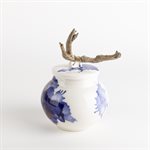 Petite jarre, blanc, bleu et rouge lustré avec bois flotté