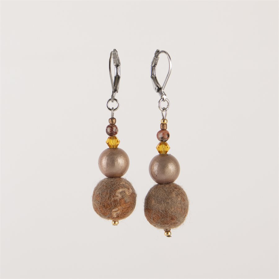 Felted Wool Ball Earring - Brown  Felted Wool Ball Earring - Brown