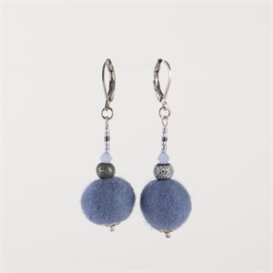 Boucle d'oreille bille en laine feutrée - Bleue 1