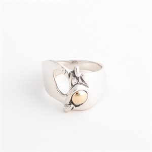 Silver ring decorated with gold, offset openwork model, size 8¾