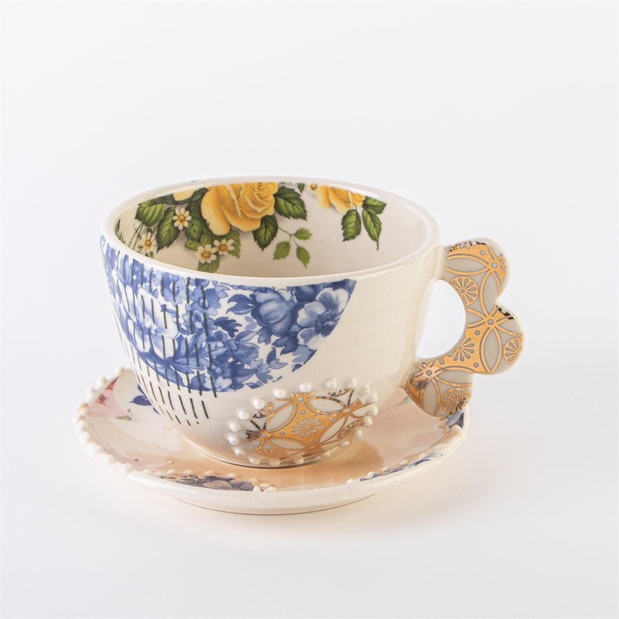 Zinn Tee-Set 20-teilig Im Korb – Polka Design In Violett