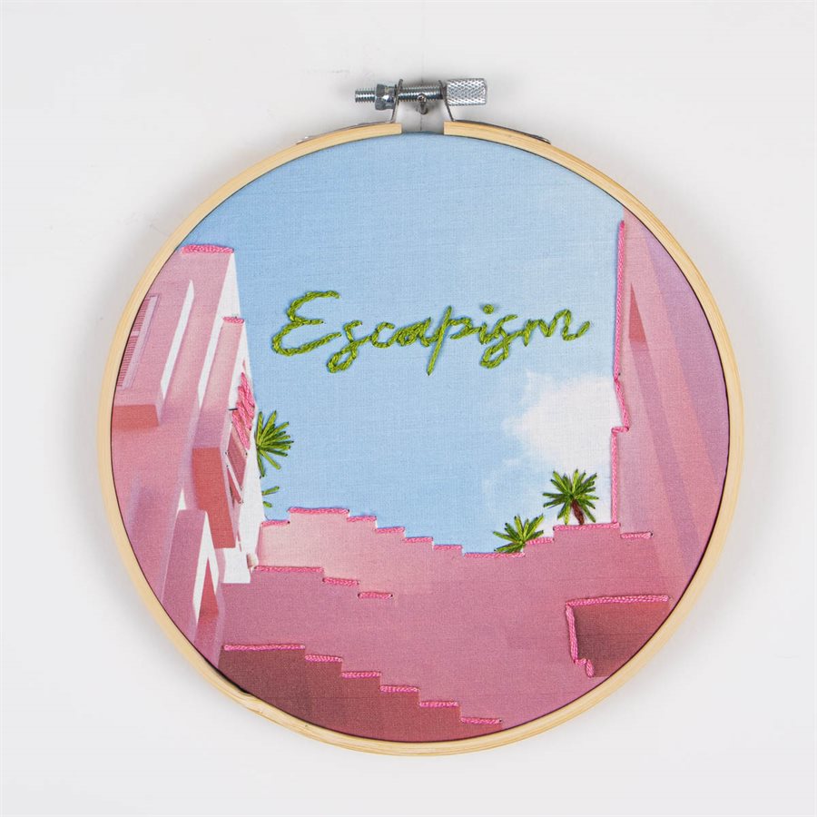 Large wall embroidery on printed textile - Escapism city