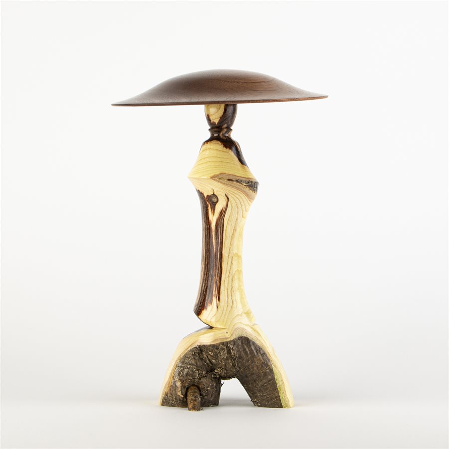 Handcrafted wooden sculpture – decorative mushroom made of caragana and sapele Handcrafted wooden sculpture – decorative mushroom made of caragana and sapele