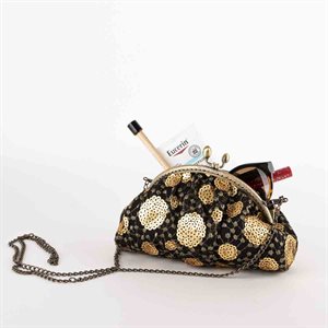 Hand bag with round clasp Black lace and gold sparkling