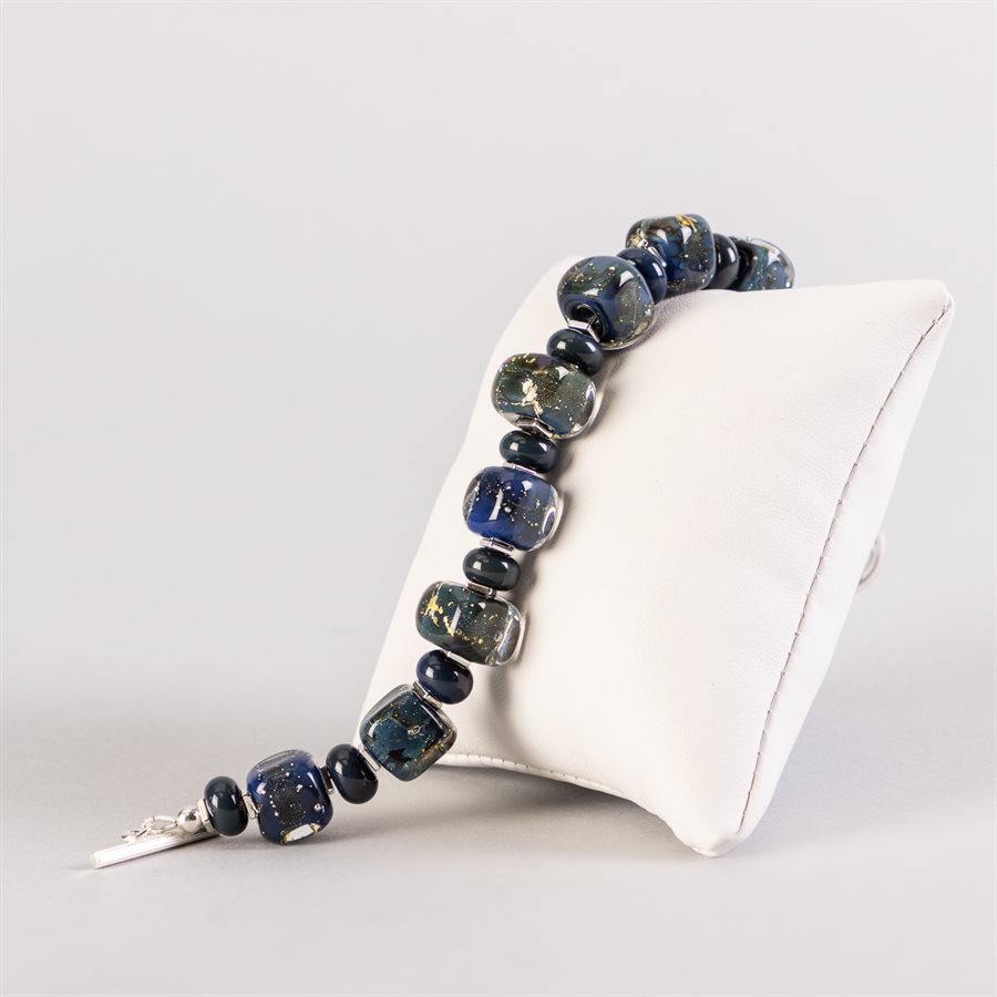 Bracelet en billes de verre faites main, avec feuilles d'argent Bracelet en billes de verre faites main, avec feuilles d'argent