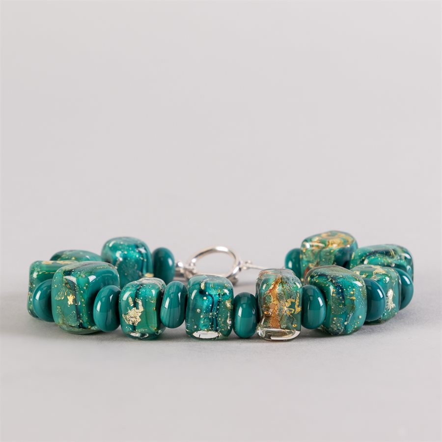 Bracelet en billes de verre faites main, avec feuilles d'argent Bracelet en billes de verre faites main, avec feuilles d'argent