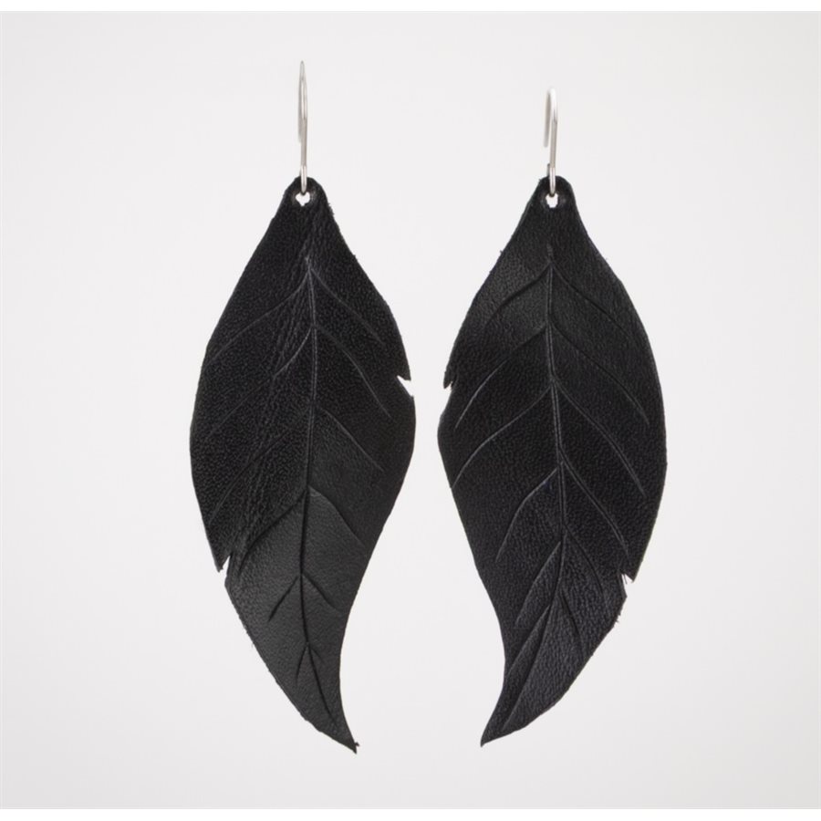 Large embossed leather leaf earring - Black Large embossed leather leaf earring - Black