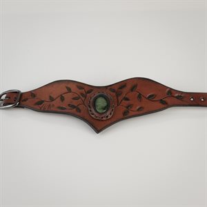 Embossed foliage leather bracelet with inlaid stone - Auburn brown