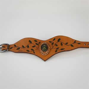 Embossed foliage leather bracelet with inlaid stone - Tan