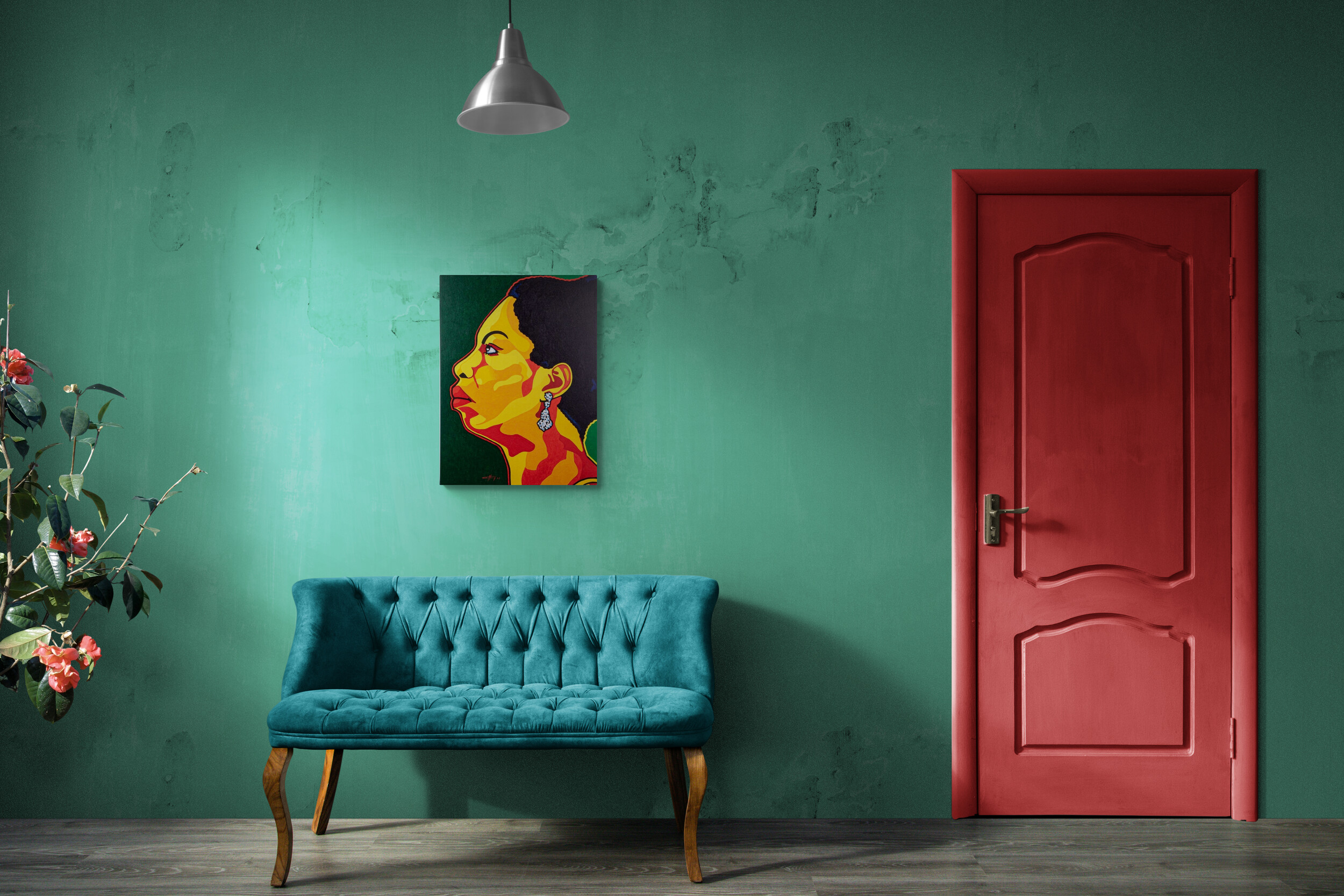 Mise en scène de la peinture sur toile Nina réalisée par l'artiste R.W. Geoffroy